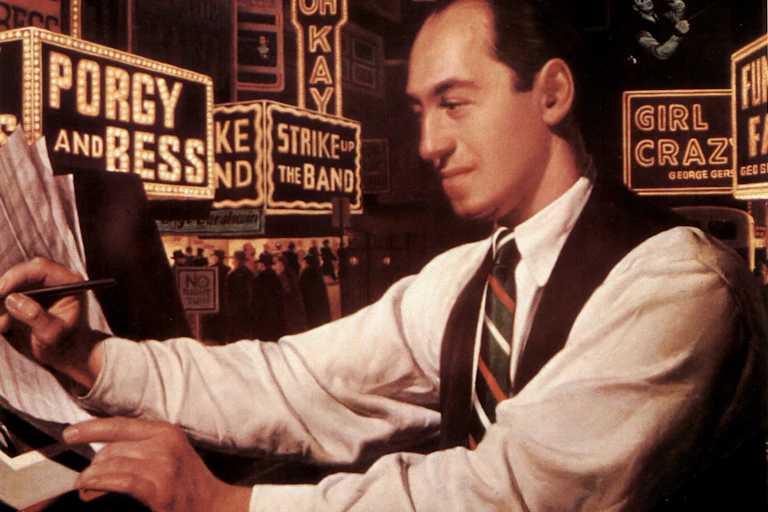 Painting of balding man wearing a white shirt and a tie, sitting at a piano and writing on sheets of music.
