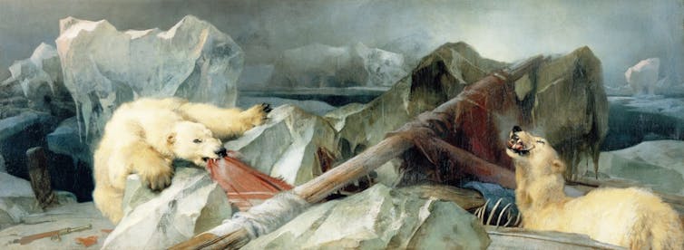 Painting of two polar bears feeding among the wreckage of a ship in the arctic.