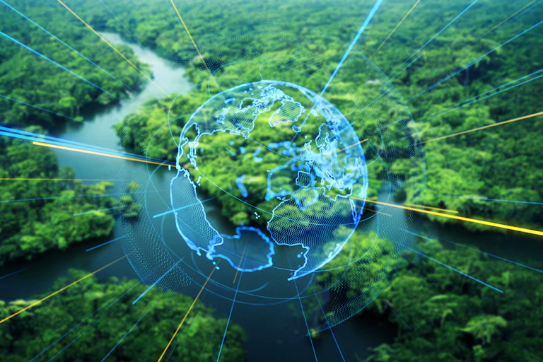 Concept image of data overlaid on tropical forest.