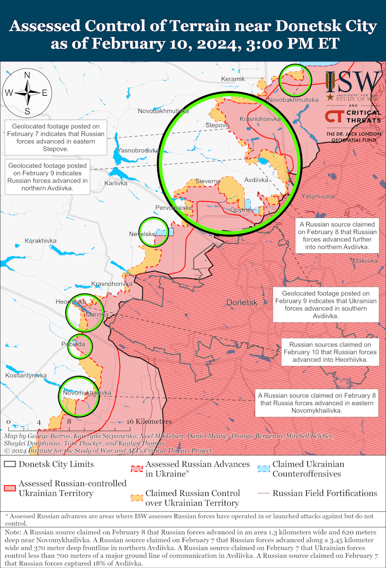 Map of the battlefront in eastern Ukraine showing heavy fighting along a long frontline.