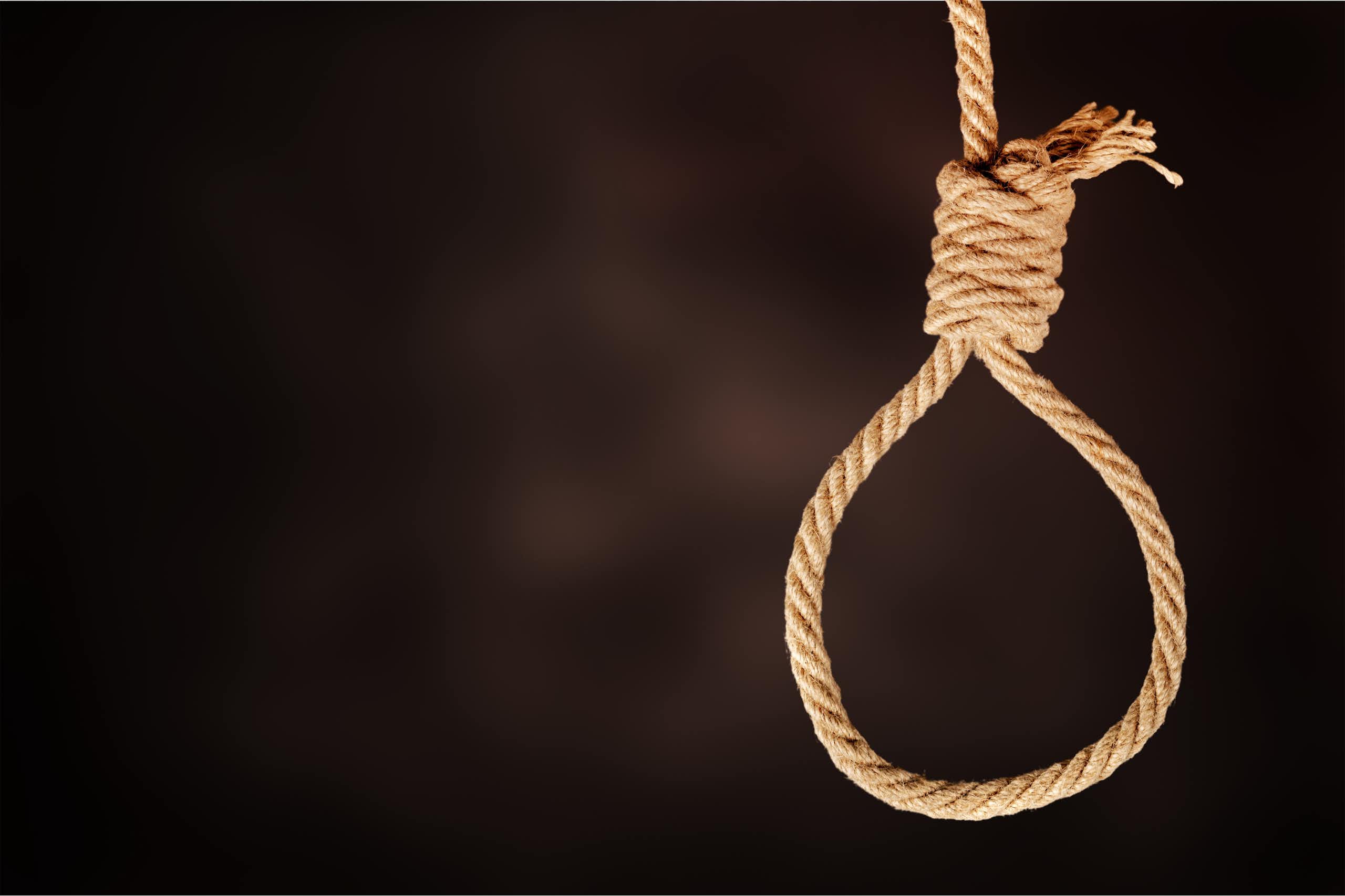 A rope noose photographed against a black background.