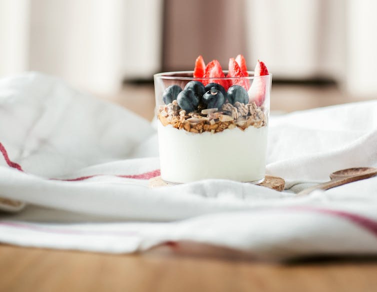 Yogurt parfair on a tablecloth