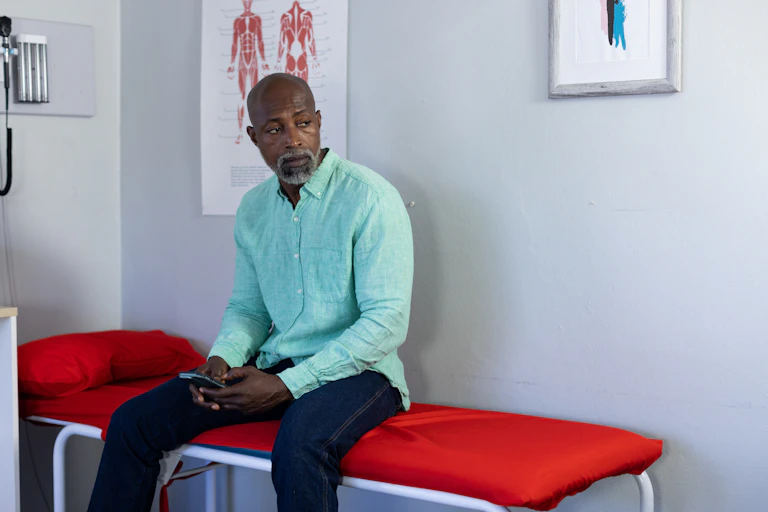 A black male patient with a salt-and-pepper beard sitting on examination table at a doctor's office