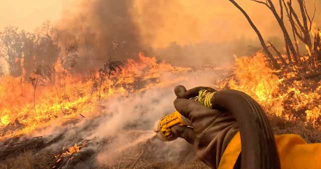 hand of firefighter holds hose on flames