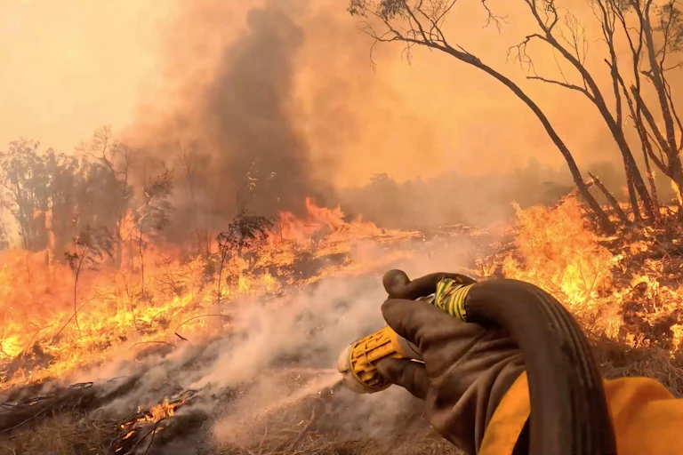 hand of firefighter holds hose on flames