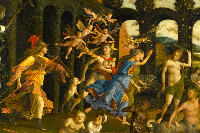 Classical painting of figures in a garden