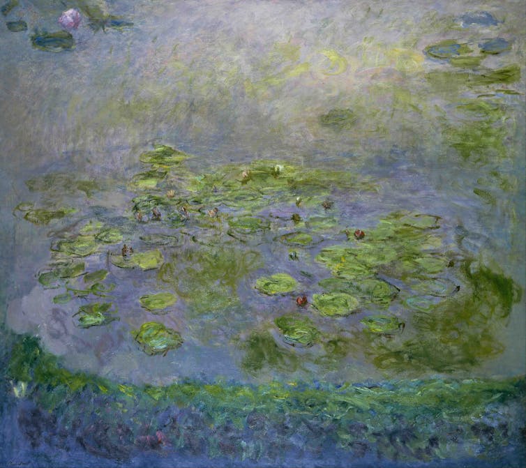 an Impressionist painting of water lilies on a pond.
