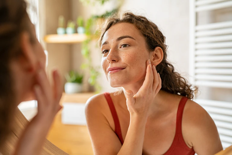 A young woman looking at her skin in the mirror.