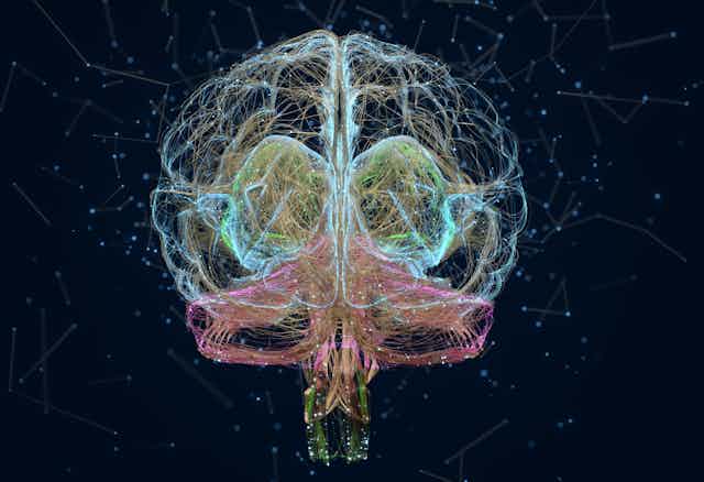 Brightly colored threads in the outline of a brain shape float against a dark background with constellation-like patterns.