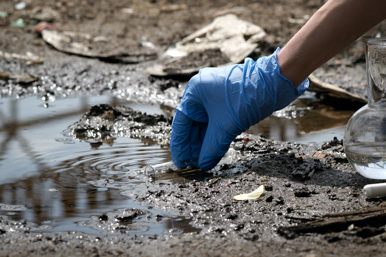 a hand with a blue glove holds a test tube just above a puddle of muddy water
