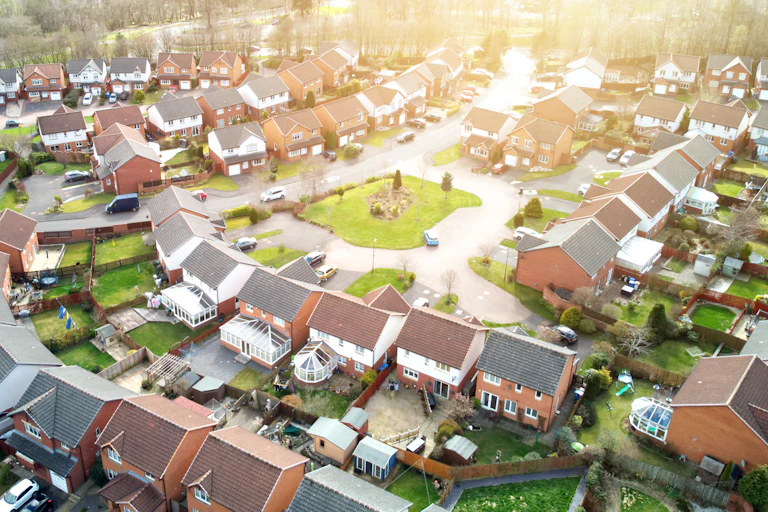 An aerial view of houses.