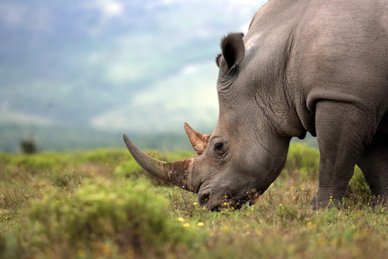 A rhino grazing on grass