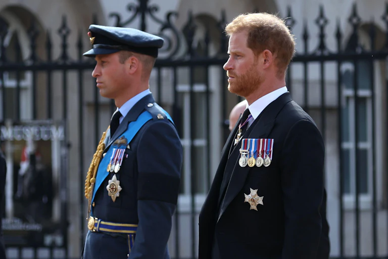 William and Harry standing side by side during a formal procession, staring straight ahead