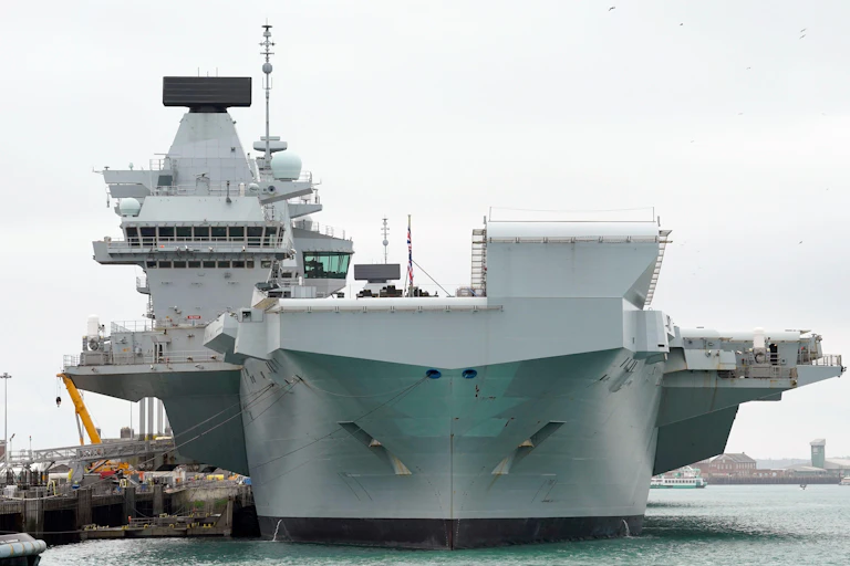 Royal Navy aircraft carrier HMS Queen Elizabeth in dock at Portsmouth
