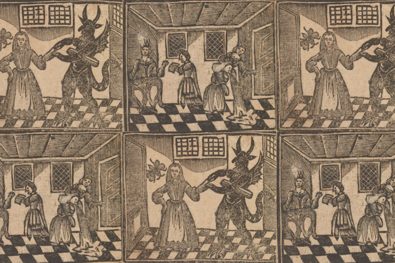 Illustration of the devil pricking a woman with a pin and another of a girl vomiting pins.