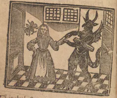 An illustration of a girl being pricked by the devil with a pin.