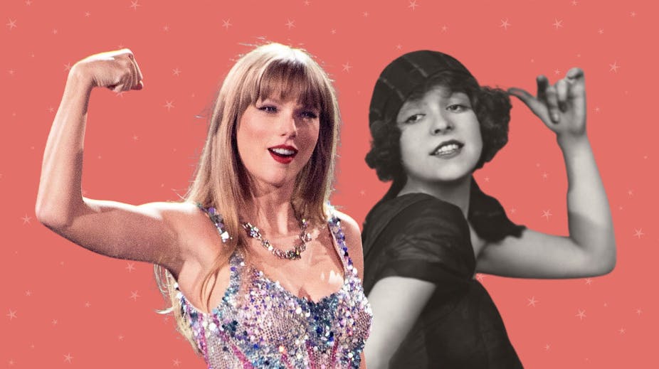 Taylor Swift and Clara Bow both raising their arms