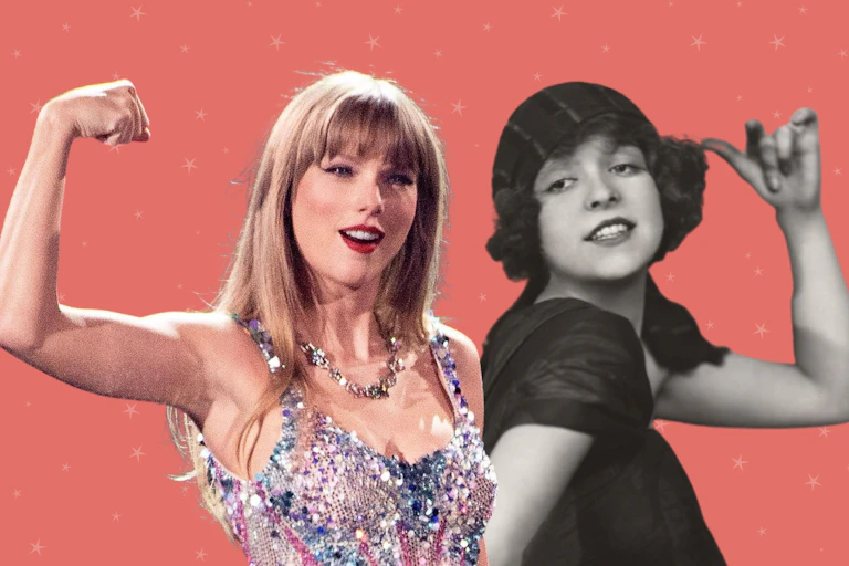 Taylor Swift and Clara Bow both raising their arms