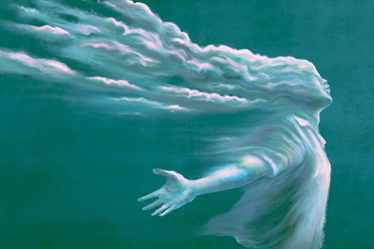 Illustration of a person in a surreal dreamlike state.