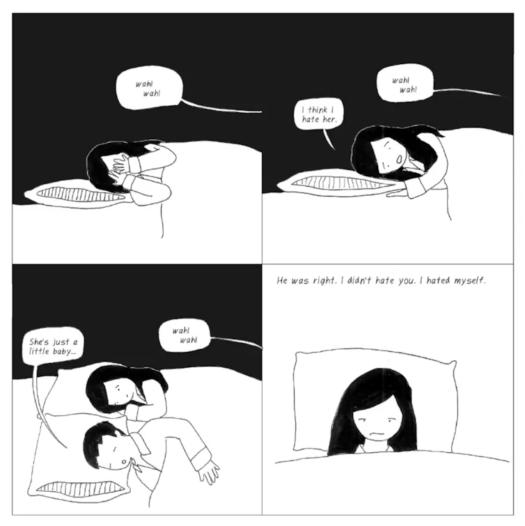 A four-panel line drawing of a woman lying awake while her baby cries