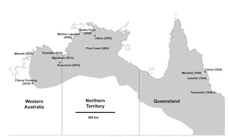 A map of Australia's top end showing dates and locations of cane toad invasion.