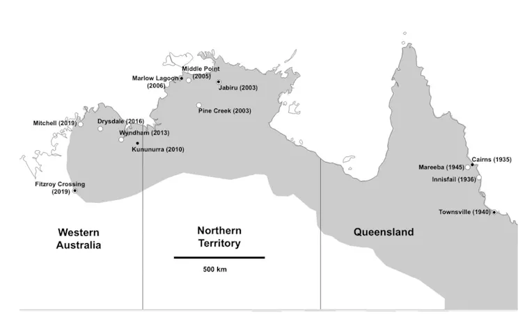 A map of Australia's top end showing dates and locations of cane toad invasion.