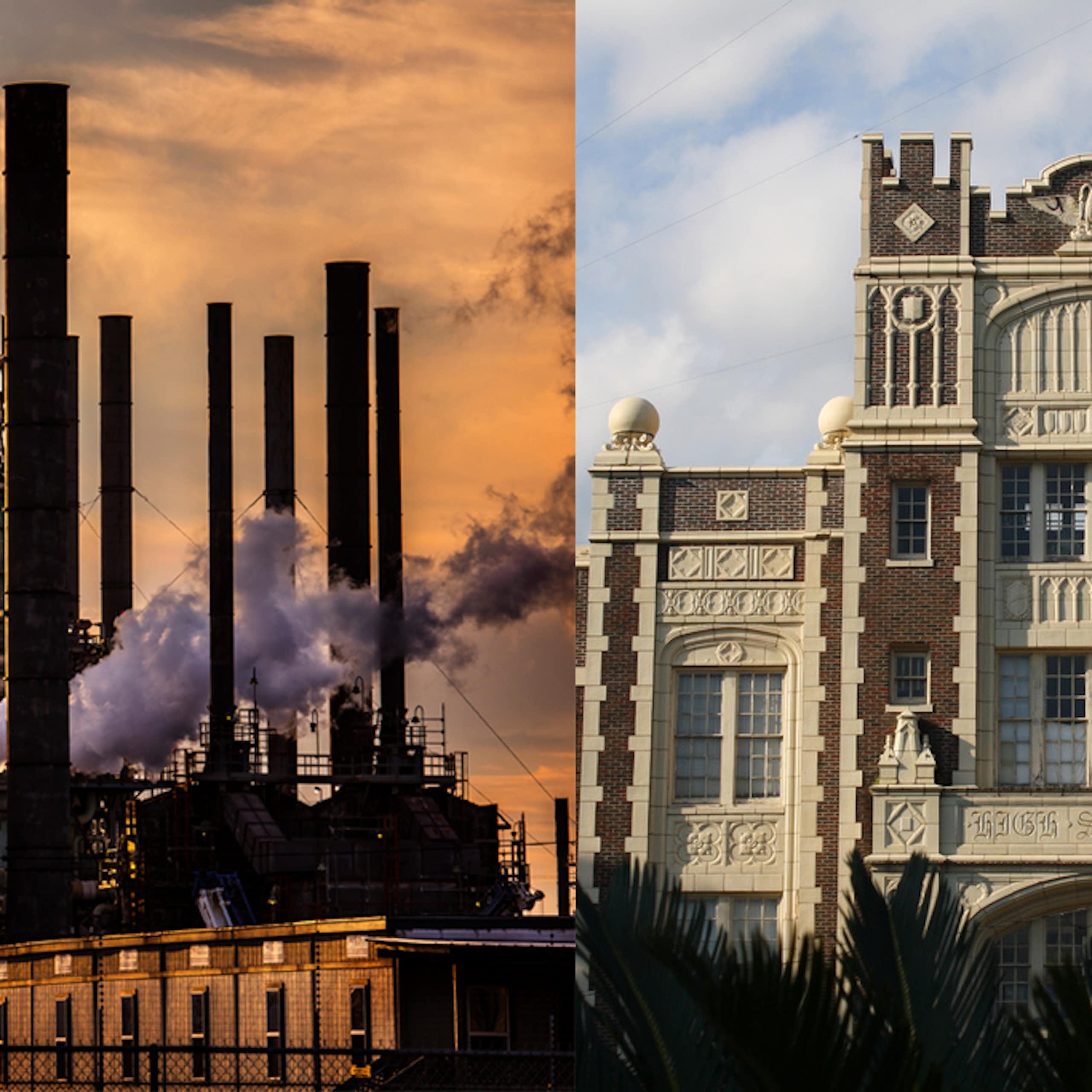 On the left, refinery with smokestacks and steam, on the right, brick school building