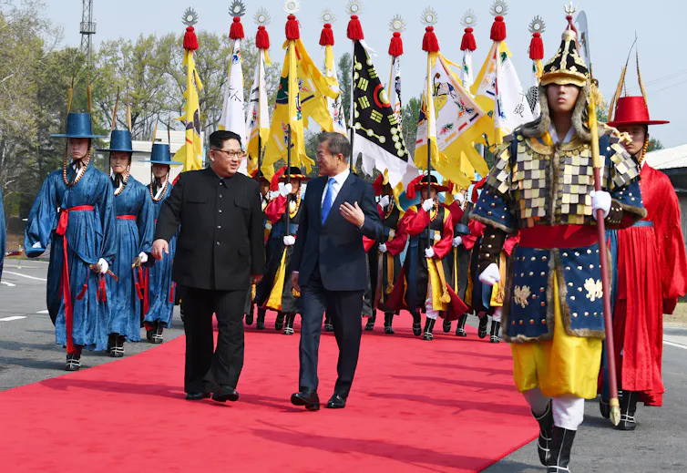 North Korean leader Kim Jong-un meets his South Korean counterpart, Moon Jae-in at Panmunjom on the border between the two countries.
