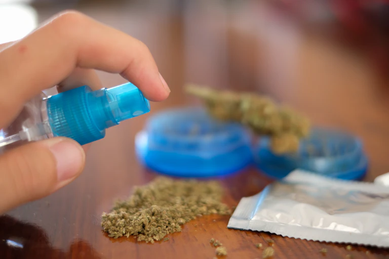 A person sprays spice on dried plants.