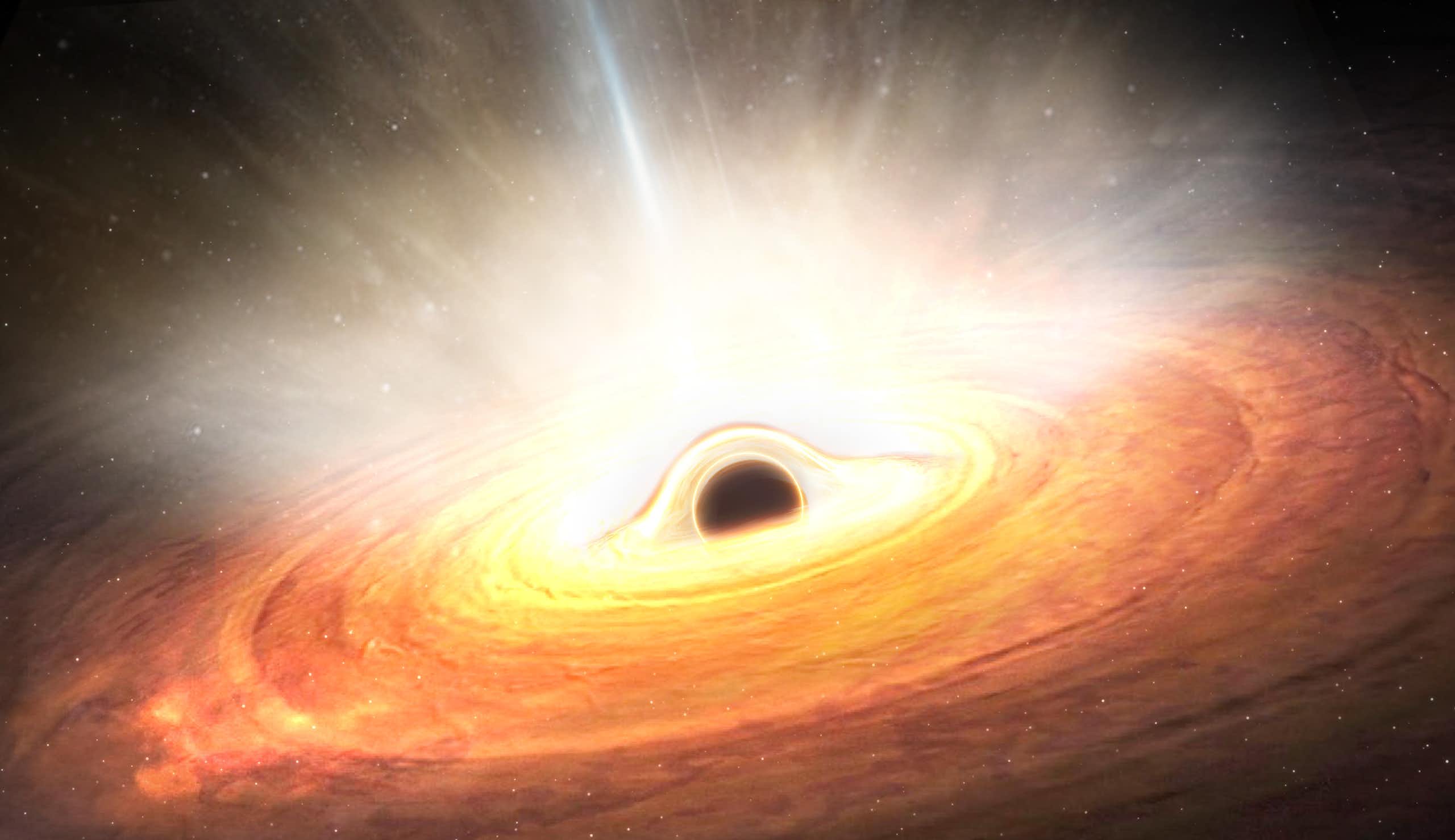 Vue d'artiste d'un trou noir supermassif entouré par un disque d'accrétion, la matière qui gravite autour.