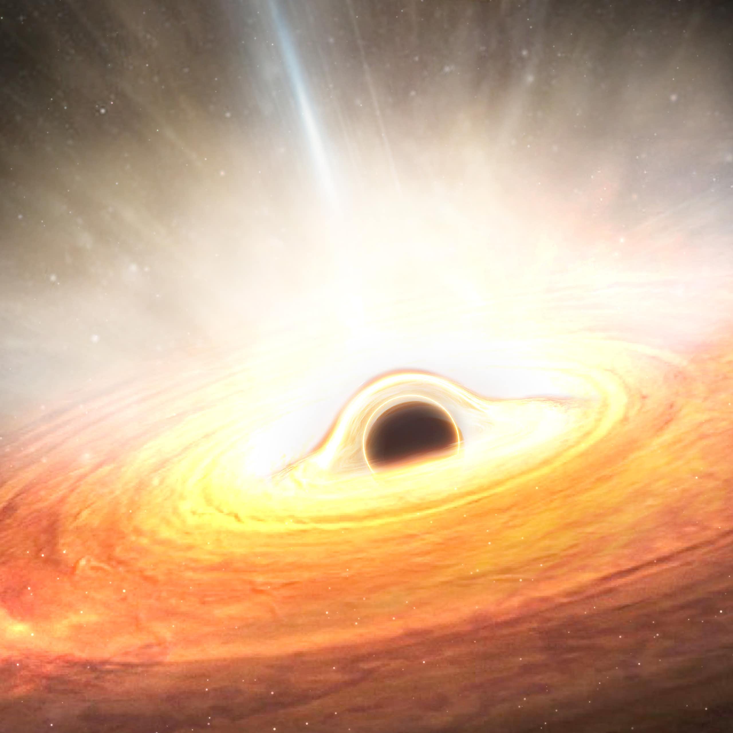 Vue d'artiste d'un trou noir supermassif entouré par un disque d'accrétion, la matière qui gravite autour.