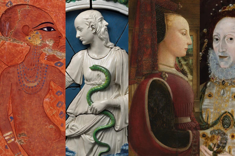 Four examples of hairless women in art including ancient Egypt and Queen Elizabeth I