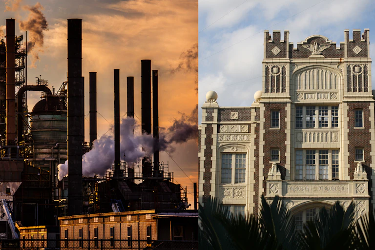 On the left, refinery with smokestacks and steam, on the right, brick school building