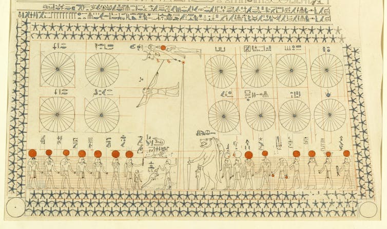Photograph of an intricate schematic guide to the night sky.
