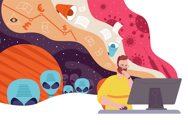cartoon of man looking at computer emitting conspiracy images
