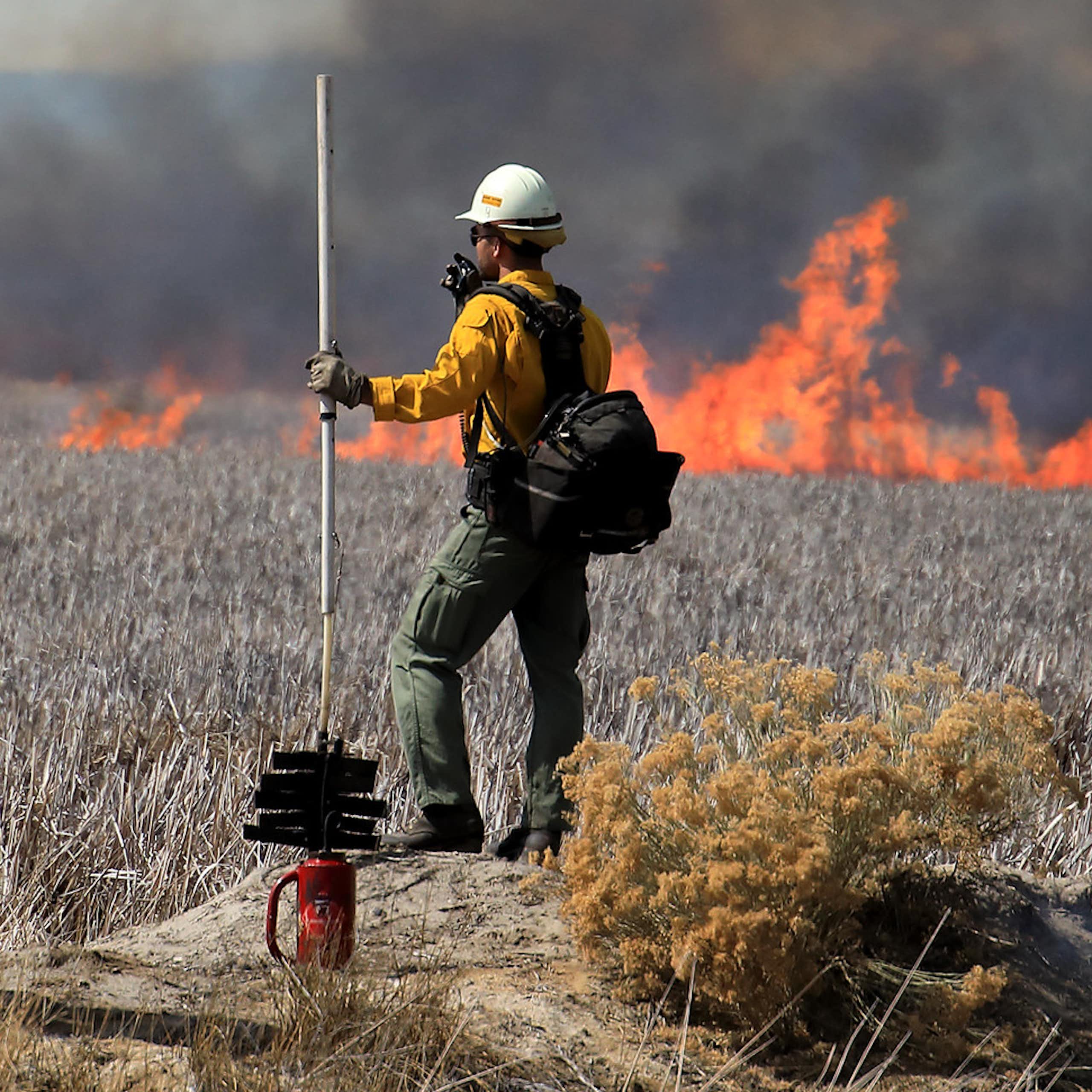 Two firefighters watch a line of flames through dry grass with mountains in the background.