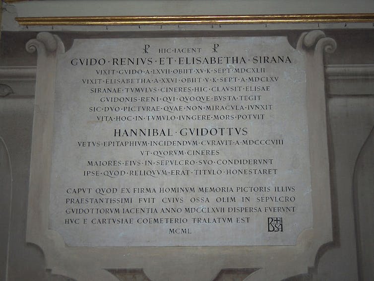 Lápida de Guido Reni y Elisabetta Sirani en la basílica de Santo Domingo.