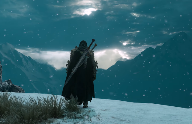 Un caballero con espadas a la espalda mira desde una montaña la cordillera y el valle que tiene delante.