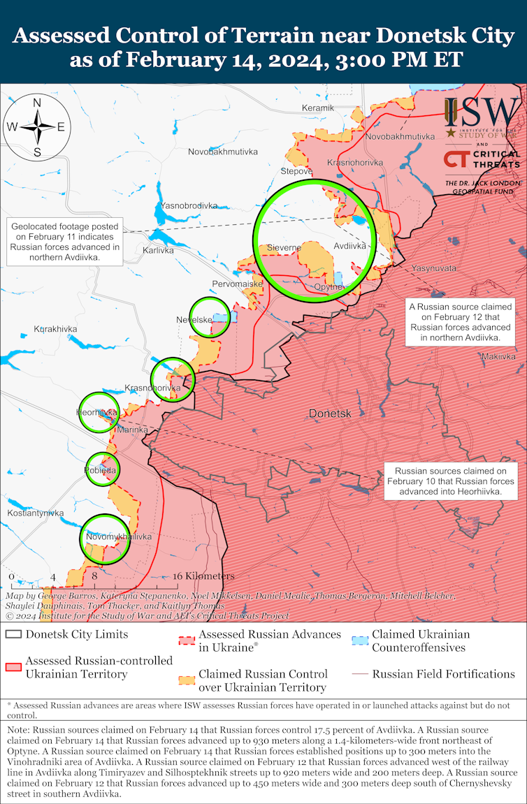ISW map showing the battle lines around Avdiivka and Donetsk in eastern Ukraine, February 2024.