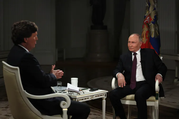US journalist Tucker Carlson interviewing Russian president Vladimir Putin.