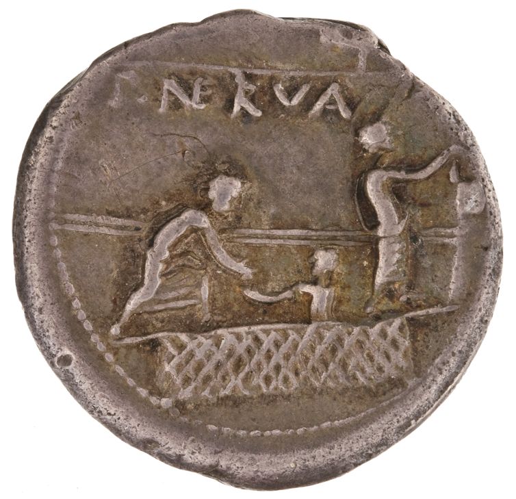 Bronzed silver coin with one figure receiving a ballot from another figure while another deposits a ballot in a box