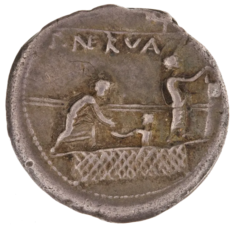 Bronzed silver coin with one figure receiving a ballot from another figure while another deposits a ballot in a box