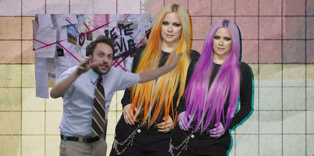 Two Avril Lavigne cutouts representing her clone and an image of Charlie Day from Always Sunny in Philadelphia.