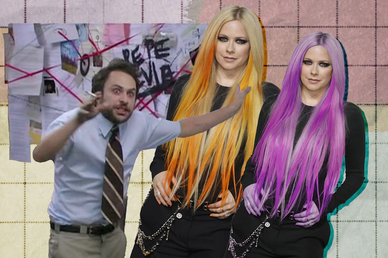 Two Avril Lavigne cutouts representing her clone and an image of Charlie Day from Always Sunny in Philadelphia.