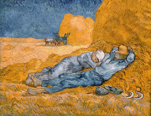 A painting depicting a man and woman sleeping on a large bale of hay.