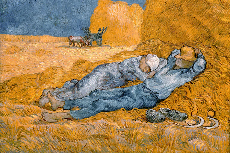 A painting depicting a man and woman sleeping on a large bale of hay.