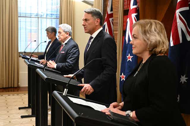 Australia Foreign Minister Penny Wong, New Zealand Foreign Minister Winston Peters, Australia Defence Minister Richard Marles and New Zealand Defence Minister Judith Collins speak to media