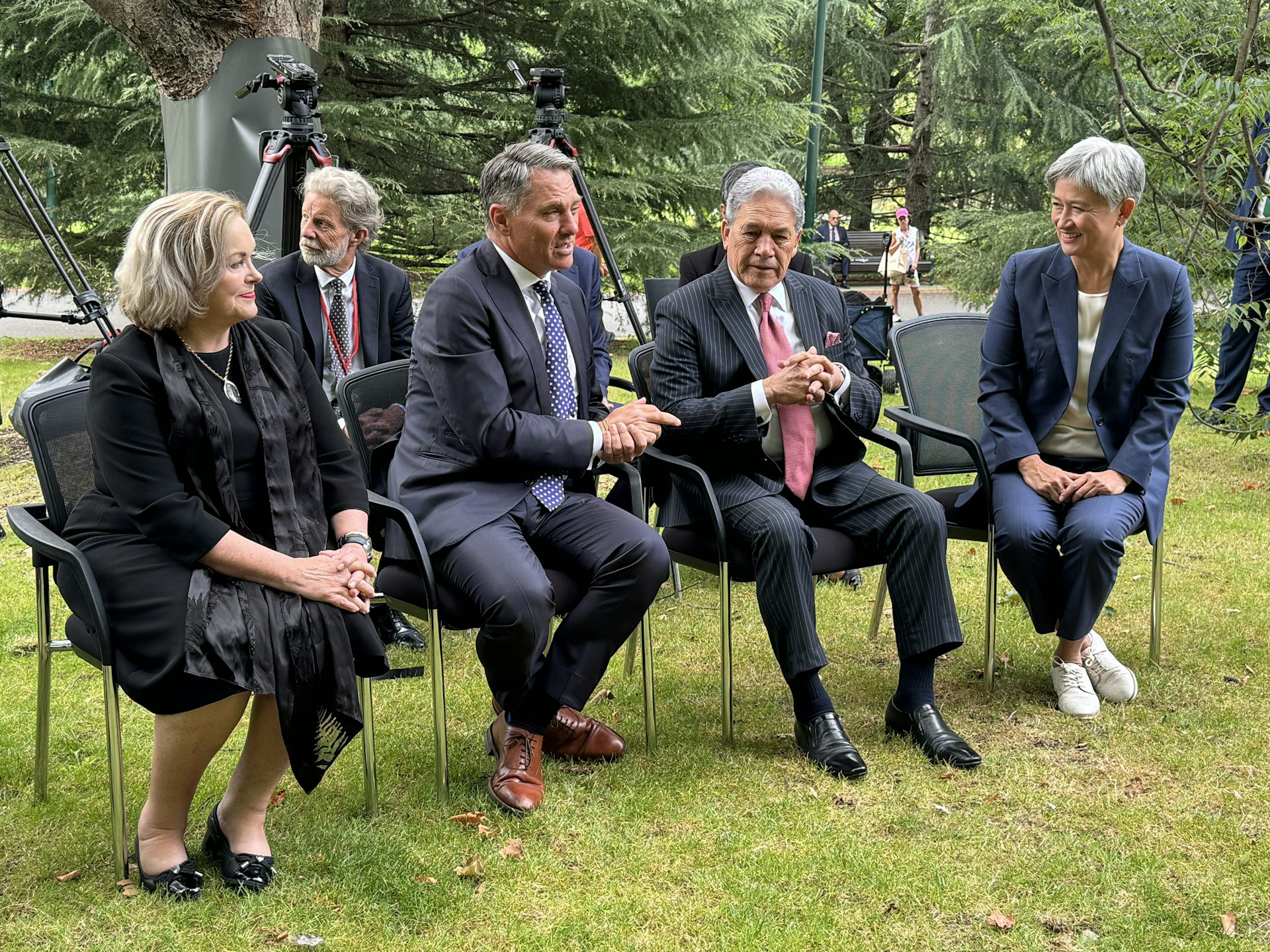 New Zealand Defence Minister Judith Collins, Australia Defence Minister Richard Marles, New Zealand Foreign Minister Winston Peters and Australia Foreign Minister Penny Wong at Treasury Gardens, Melbourne.