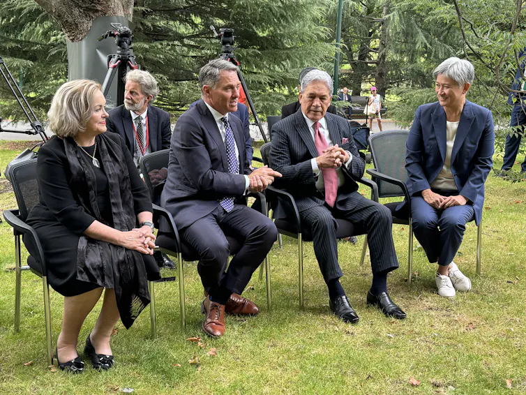 New Zealand Defence Minister Judith Collins, Australia Defence Minister Richard Marles, New Zealand Foreign Minister Winston Peters and Australia Foreign Minister Penny Wong at Treasury Gardens, Melbourne.