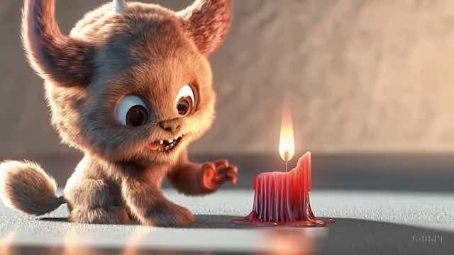 A CGI-style illustration of a furry little monster holding up a hand to a red candle.